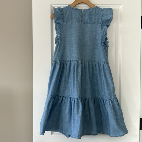 J Crew Chambray Ruffle Sleeve Tiered Mini Dress w Pockets, Cotton - Picture 9 of 14